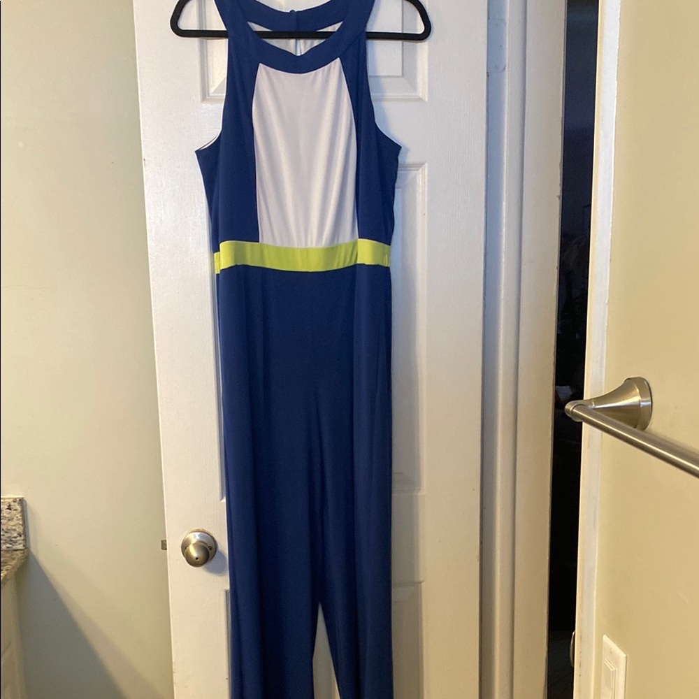 Vince Camuto Adult Blue and White One Piece Jumpsuit with Color Block Design